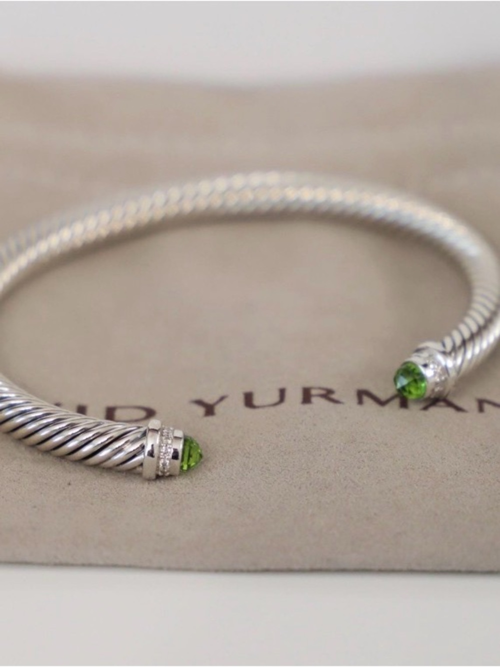 David Yurman Sterling Cable Bracelet with Green Peridot Ends